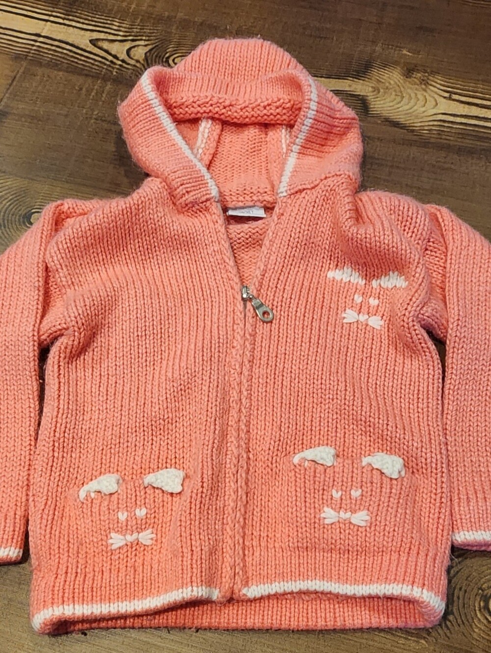 Vintage KPORT Kids Flaherty Imports Hand Knit Hooded Sweater Pink Zip Up